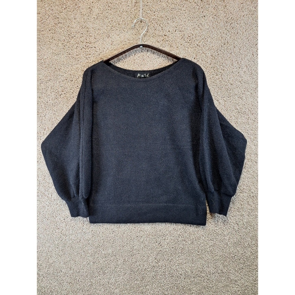 Marled Sweater Womens Medium Black Tight Knit Oversized Raglan Sleeve Boat Neck